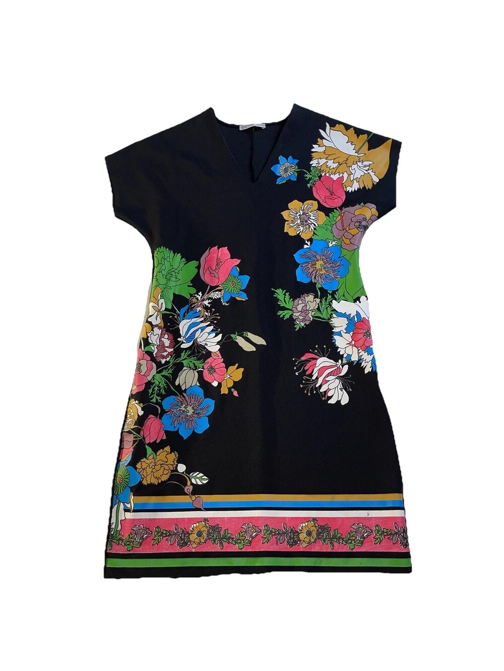 Zara Woman Basic Floral Shift Dress Womens S Black V Neck Cap Sleeve Mini Boho